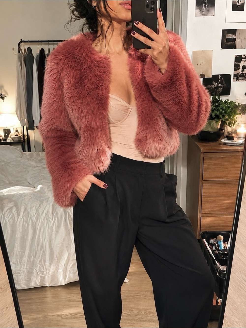 House of CB Kenya Faux Fur Jacket Rose Mauve  Cropped Coat | Size M